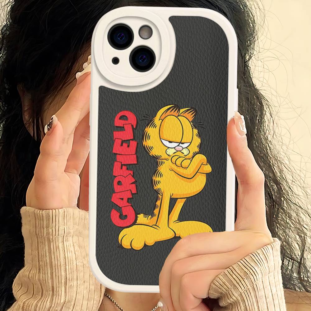 Cute Cartoon G-garfield Cat Leather Phone Case For IPhone 16 16e 15 14 13 12 11 Pro Max Plus Mini Cover