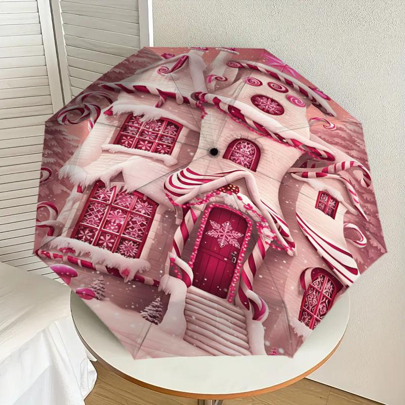 1pc Candy Cane House Automatic Open/Close Umbrella Compact Folding Umbrella with 8-Rib Shaft for Women/Men, Elegant Birthday1157S