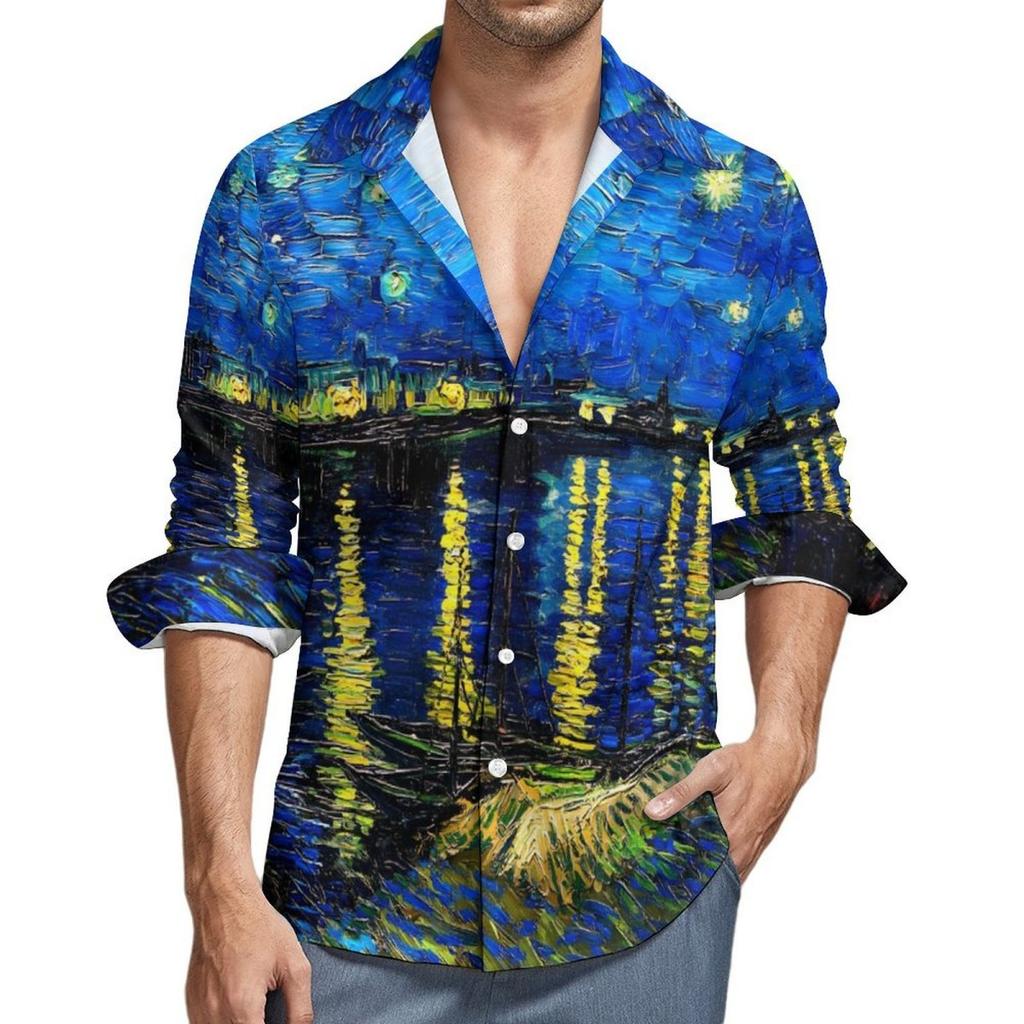 Van Gogh Starry Night Print Long Sleeve Shirt, Artistic Casual Wear