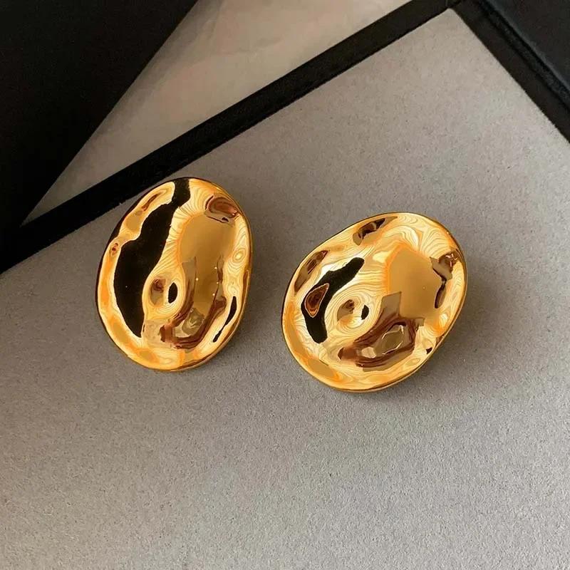 Fashion Metal Irregular Stud Earrings For Women Exaggerated Gold Color Geometric Smooth Statement Earrings Zircon Party Gifts