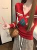 Women's Slim Fit Red Knit Base Layer Top, Korean Style, New Year Edition, Ideal for Spring & Autumn.