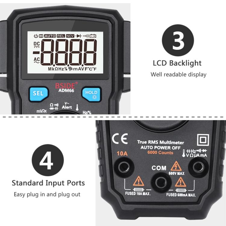 BSIDE ADM66 Handheld Household 6000 Count AC / DC Current Voltage Capacitor Automatic Range Multimeter with LCD Backlight & Card Slot Function