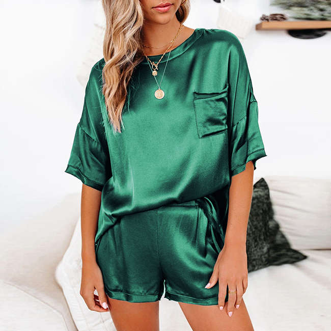 Seda satinada 2 Piezas Set 11 Colores Ropa de hogar Ropa de dormir Elegante  o Cuello Pullover Tops Pantalones cortos sueltos Traje de hogar Moda de  mujer Primavera Verano Pijama comprar a