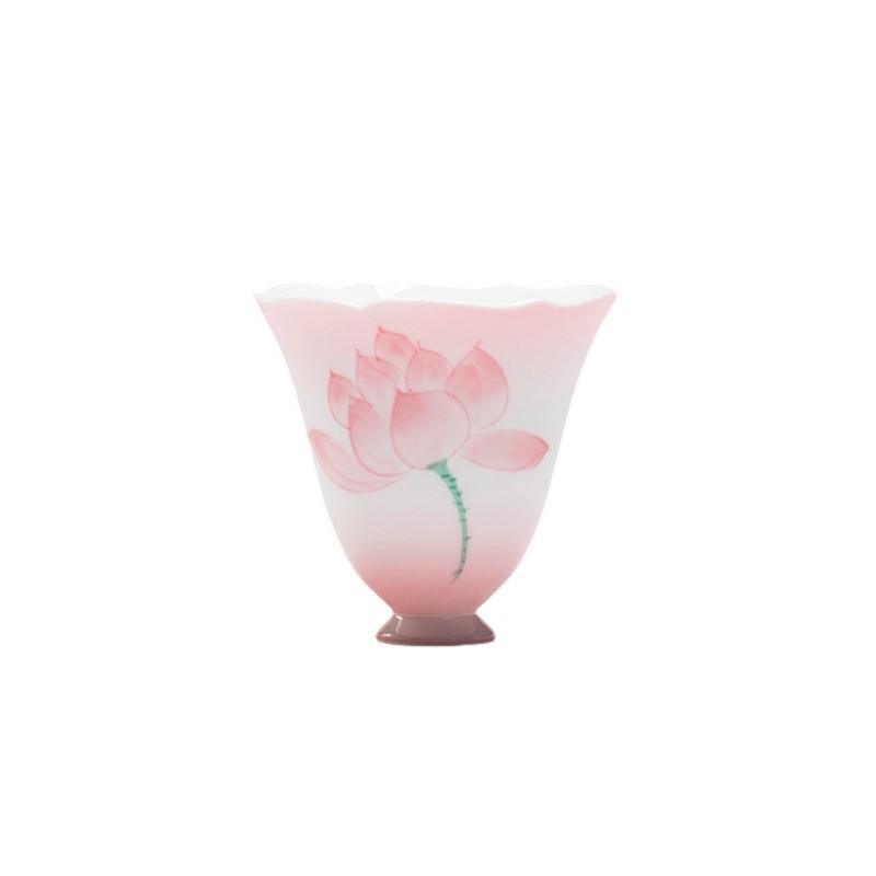 Pink Hand-Painted Lotus Ceramic Tea Cup - Flared Rim Zen Tea Bowl for Kung Fu Ceremony, Floral Design High-Stem Sipping Cup