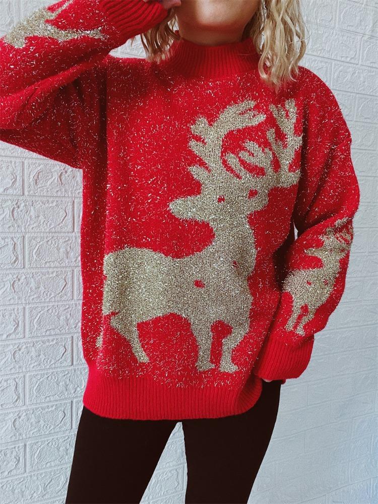 Autumn and Winter New Christmas Sweater Women's Pullover Gold Thread Pulled Hair Jacquard Large Snowflake Elk Christmas Sweater Woman