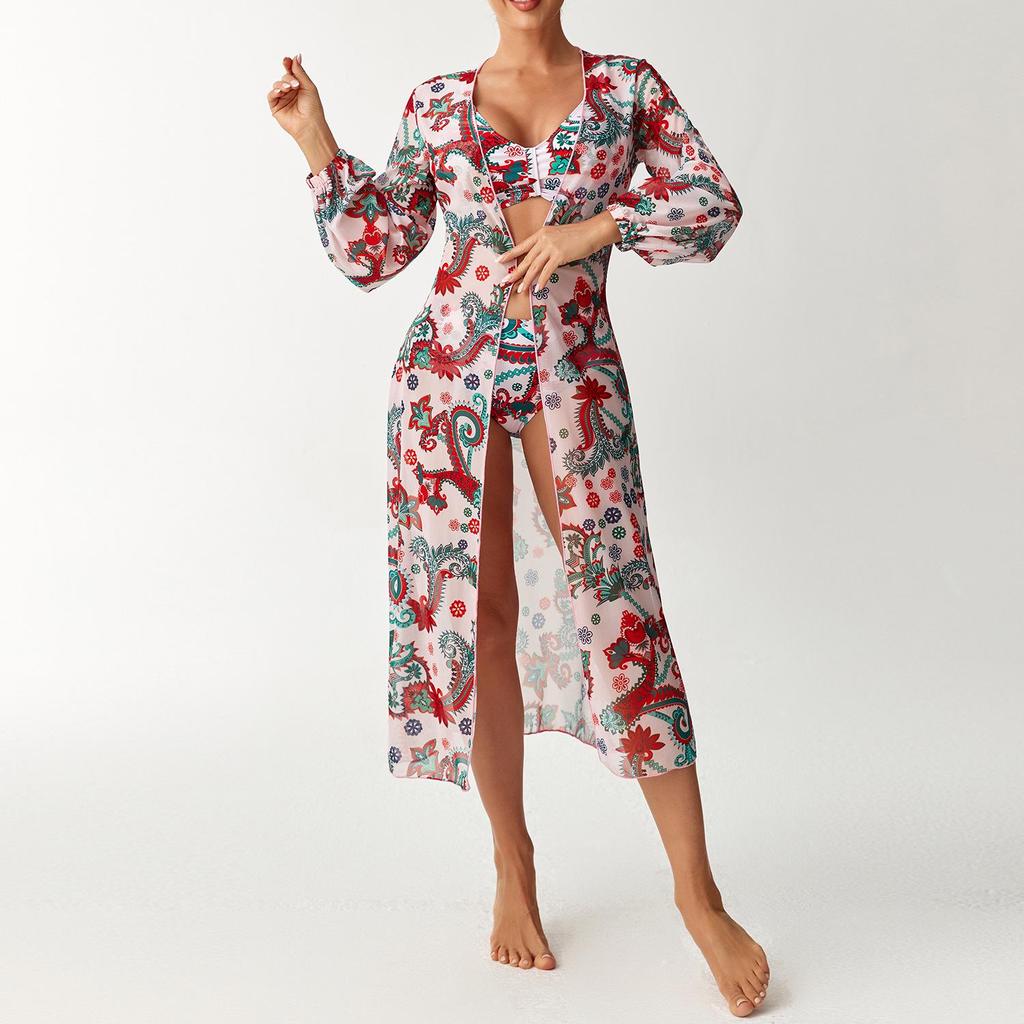 Bikini a tre pezzi a vita alta Euro-Americano Cross-Border 2026 con Copricostume Protezione Solare