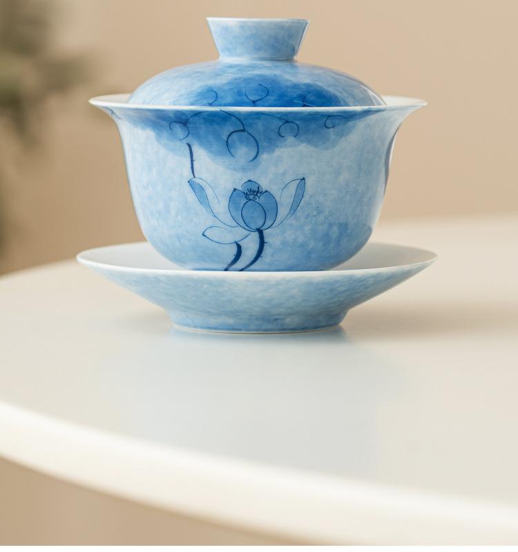 Hand-Painted Blue Lotus Gaiwan Aesthetic Anti Scalding Tea Tureen Household Making Cover Bowl Services Ornaments