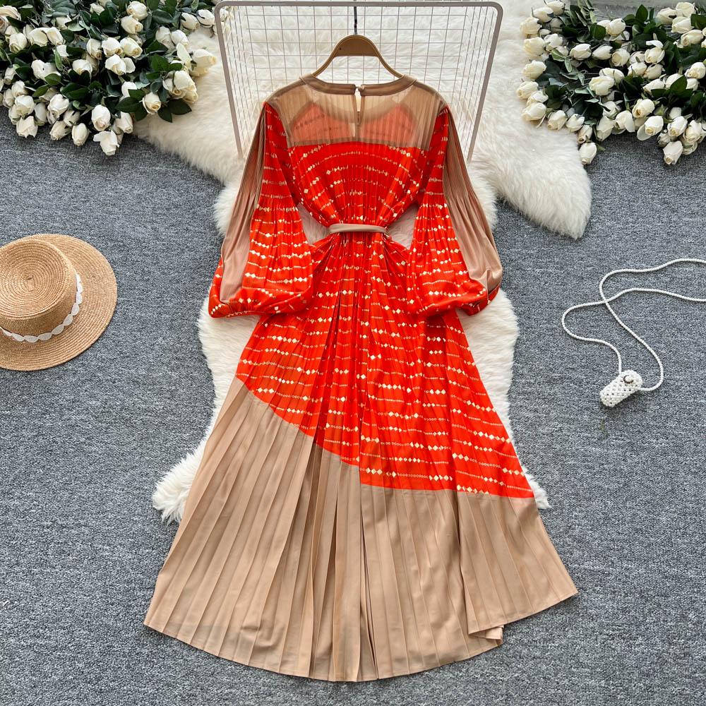 Vintage Elegant Spliced print slim Dress Korean Fashion Long dress hotsweet Women Fashion Dresses