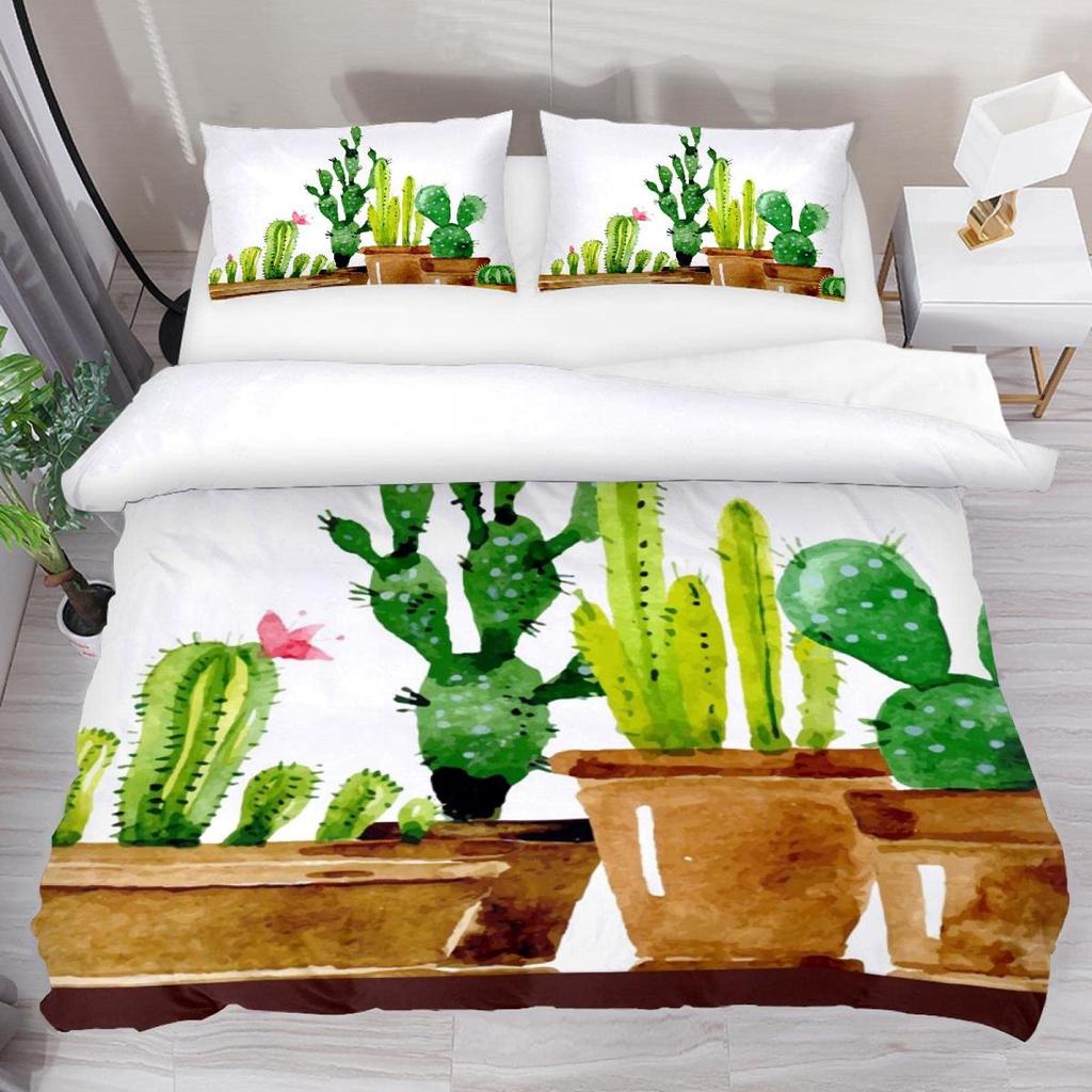 Floral Bedding Set 3pcs Cactus Succulents and Flowers Decor Comforter Cover Plant Soft Polyester Quilt Cover with 2 Pillow Cases