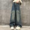 Girls Cargo Demin Pants Kids Casual Loose Wide-legged Jeans Teenagers Fashion Streetwear Baggy Trousers Children Clothes 5-12Y
