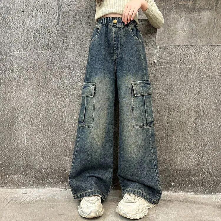 Girls Cargo Demin Pants Kids Casual Loose Wide-legged Jeans Teenagers Fashion Streetwear Baggy Trousers Children Clothes 5-12Y