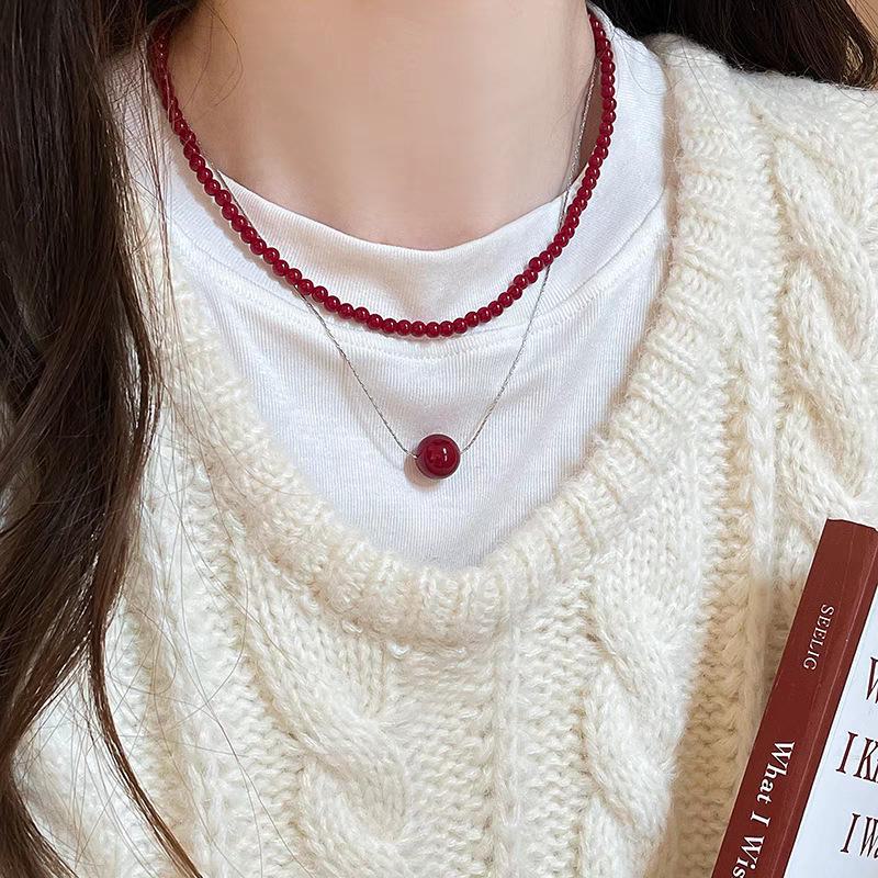 Ankola Red Beaded Necklace for Women - Niche Design, High-End Stacking Clavicle Chain, Fashionable White Beaded Accessories