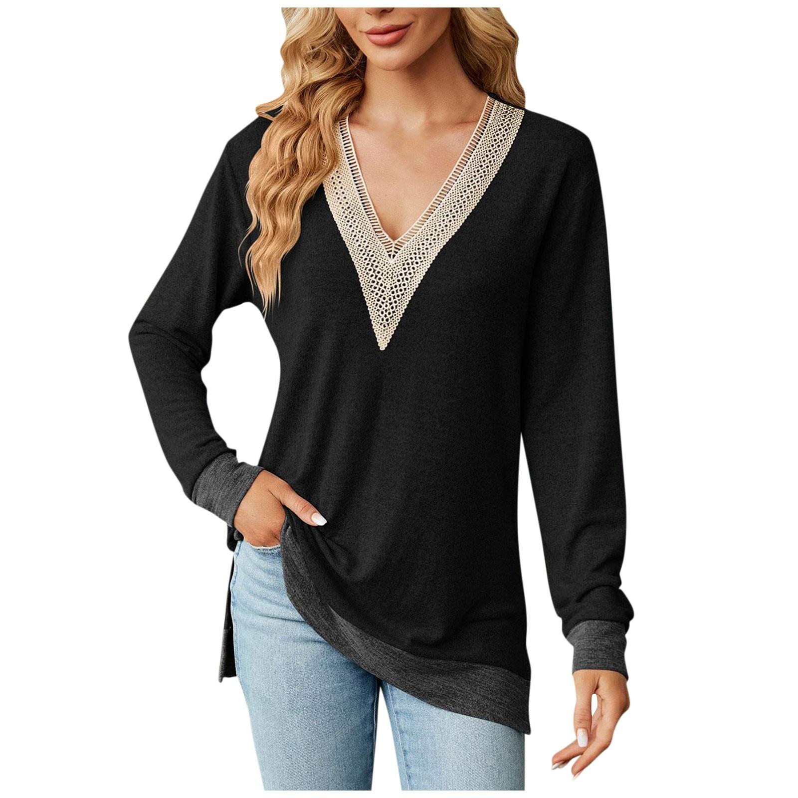 

Женская модная однотонная футболка с V-образным вырезом, кружевом, разрезом, свободным длинным рукавом M чёрный
