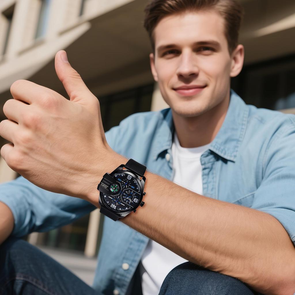 Men's Waterproof Sports Watch with Leather Strap: Analog Display, 3-Zone Time Zones, Large Dial, Compass Decor, Quartz Movement, Leisure, Business,