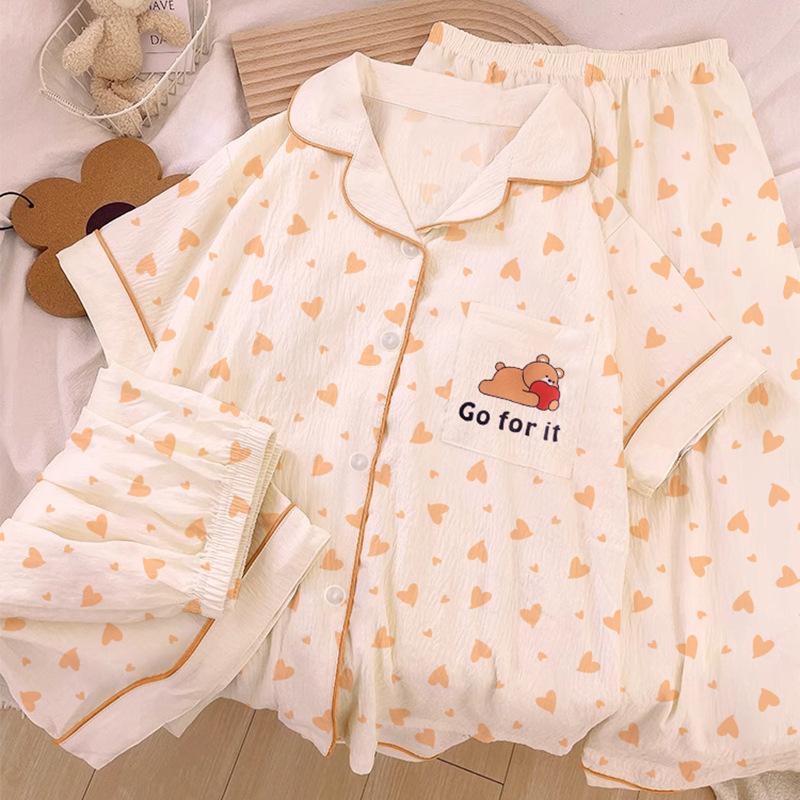 Cloud Cotton Pajamas Women'S Summer Fashion Cartoon Love Full Print Short Sleeve Three-Piece Loungewear