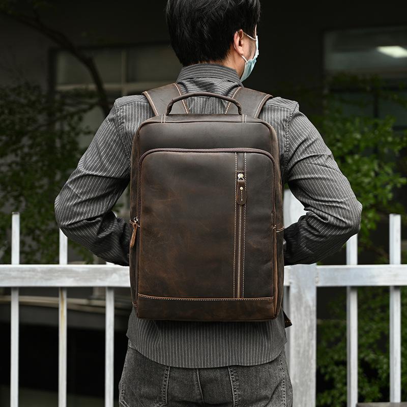 Backpack Crazy Horse Leather 16 Inch Large Capacity Leather Backpack Retro First Layer Cowhide School Bag Computer Bag With Usb Port