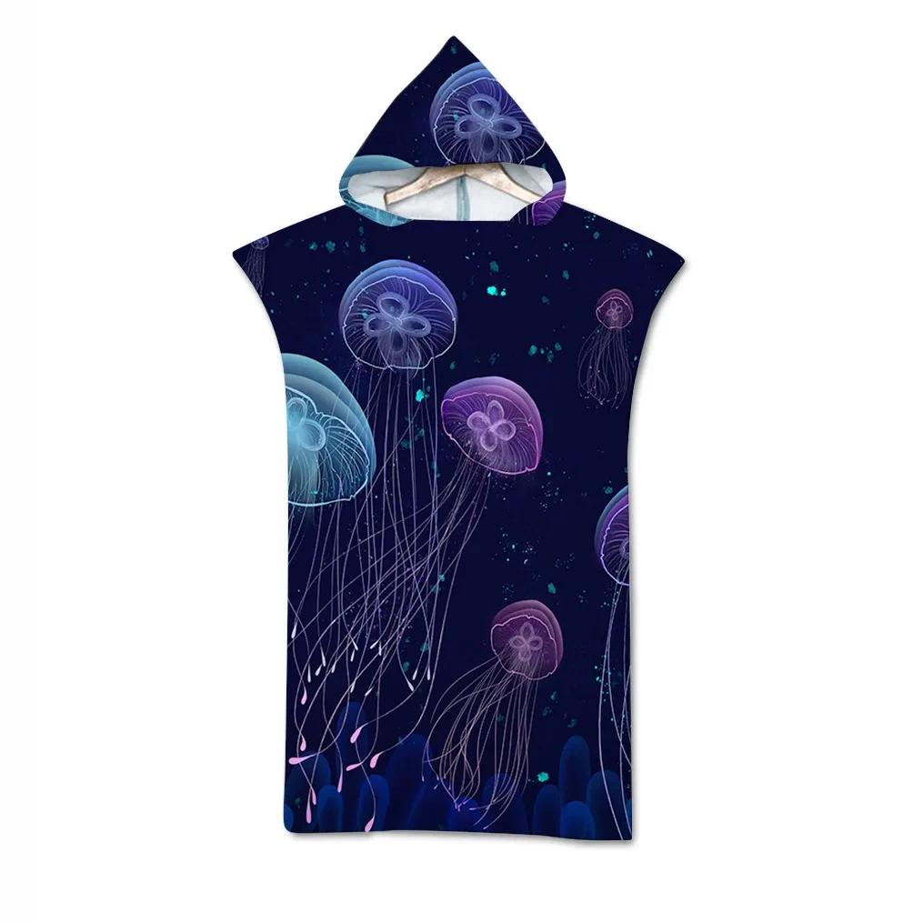Jelly Fish Bath Beach Towel with Hood Microfiber Soft Hooded Robe Towel Poncho for Swimming Beach Surf Woman Bathrobe Beachwear