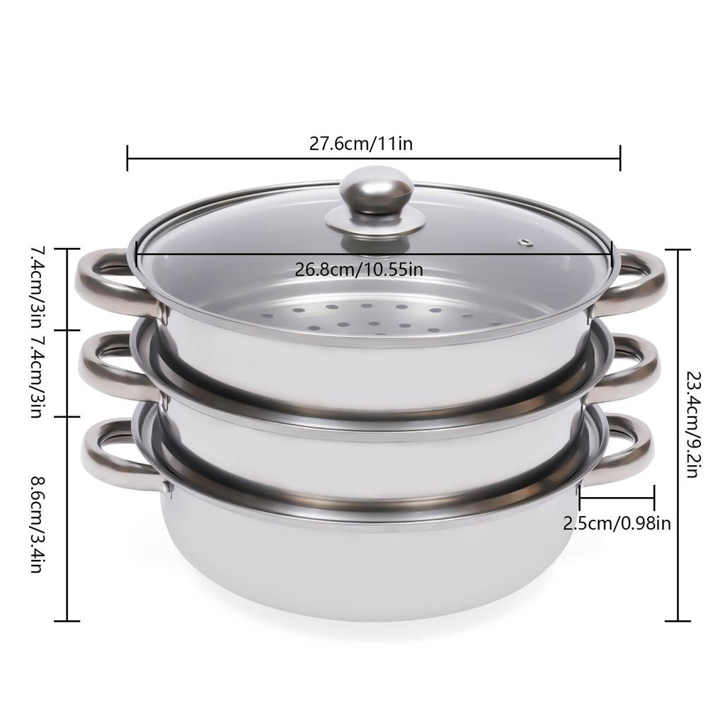 28cm Three-Layer Stainless Steel Soup Steamer | 410 Stainless Steel, Silver, with Transparent Lid, 32.5 * 25cm/12.8 * 9.84in