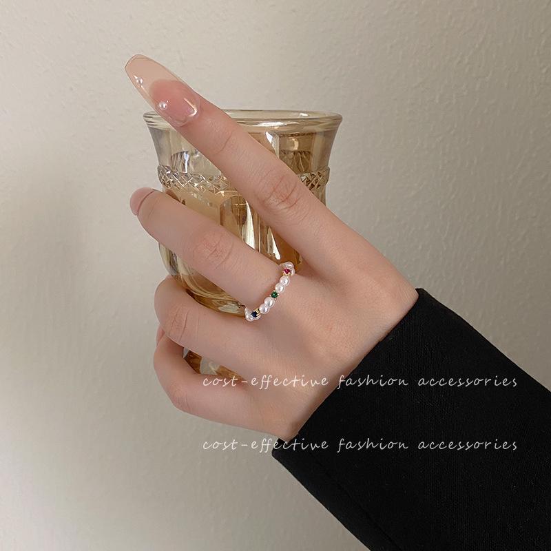 Elegant Women's Zircon Pearl Ring - Fashionable French Design, Perfect for Stacking
