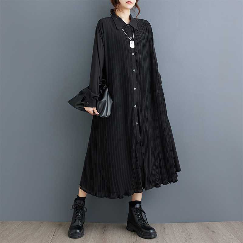 Women's Long Sleeve Shirt Dress Turn Down Collar Loose Fit Retro Style Midi Dress Button Down Dress