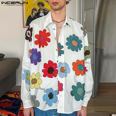 Men Lapel Neck Shirts Long Sleeve Patchwork Floral Print Tops