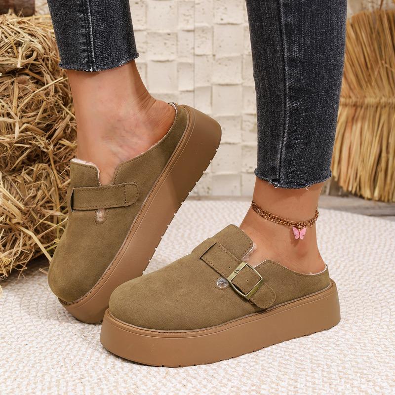 Fashion Platform Slippers Autumn and Winter New Round Toe Deep Mouth Metal Buckle Non-slip Wear-resistant Flat Shoes