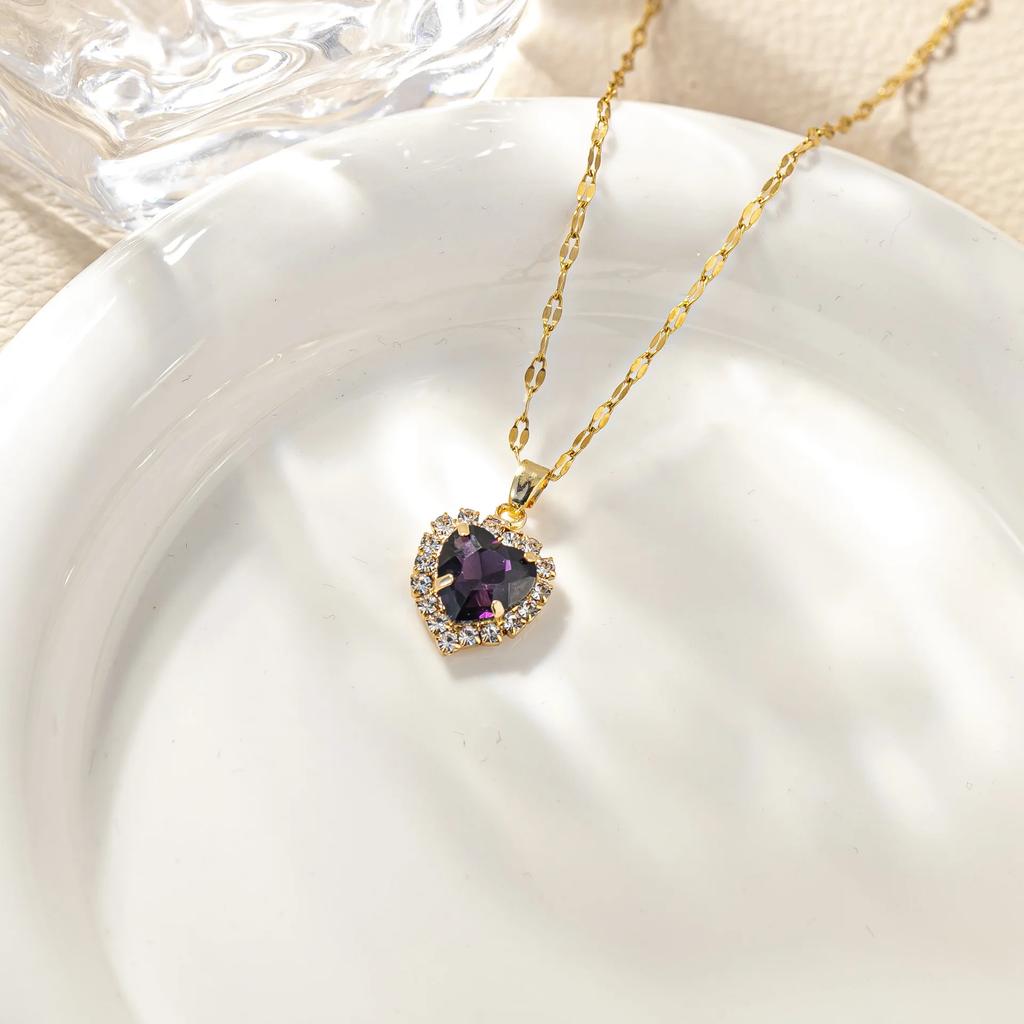 Stainless Steel Chain Classic Shiny Colorful Zircon Love Heart Pendant Necklace for Women Cute Simple Jewelry Accessories Gifts