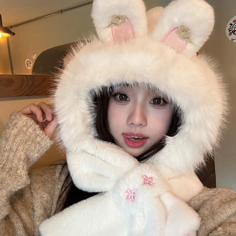Plush Rabbit Hat and Scarf for Women In One Winter New Cute Warm Scarf Versatile Ear Protection Lei Feng Hat