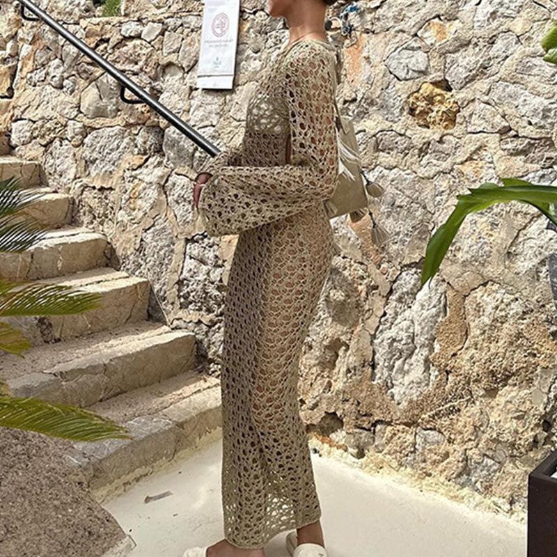 Women's Sexy Hollow Long-Sleeve Round Neck Vacation Beach Cover-Up Dress