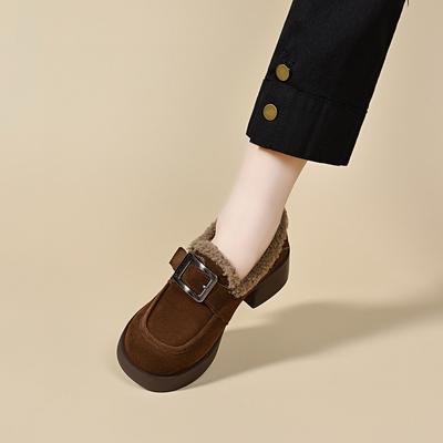 Baumwollschuhe Damen Herbst und Winter neu Klettverschluss Samt quadratische Schnalle dicker Absatz Plateauschuhe Damen