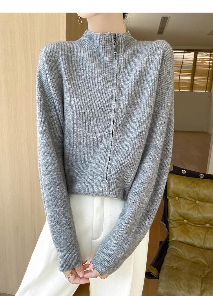 Damen Reiner Wollweicher Reißverschluss-Cardigan - Flauschiger Lockerer Pullover mit Halbem Rollkragen für Herbst und Winter