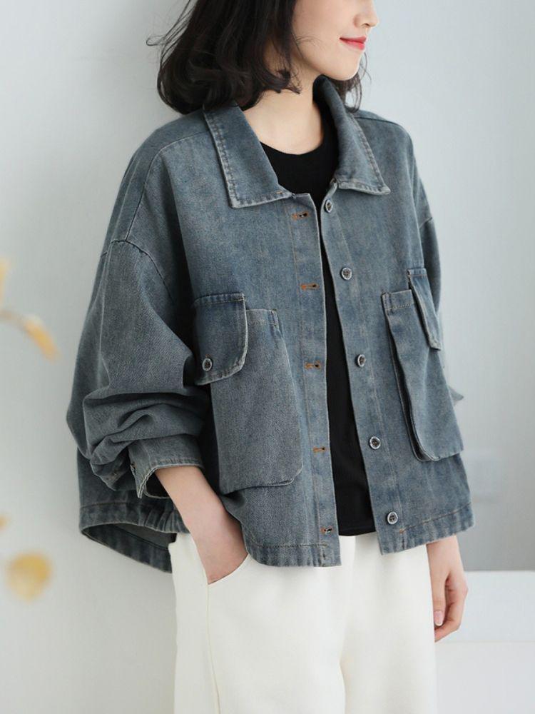 Denimjacke in Übergröße für Damen: Lässiges, lockeres, figurformendes Retro-Oberteil mit langen Ärmeln