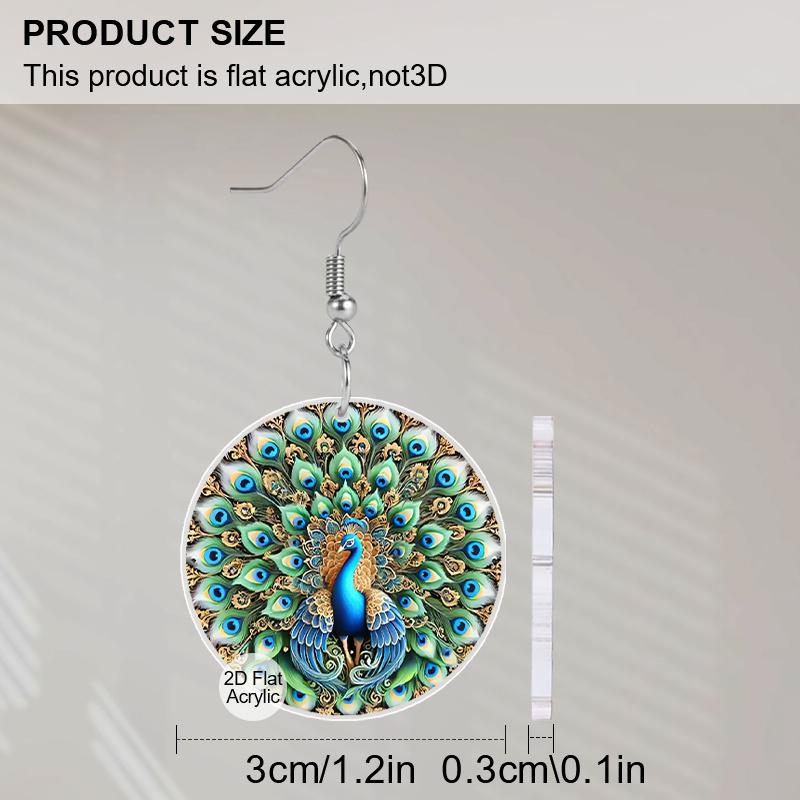 2D Flat Acrylic Diwali Green Peacock Feather Drop Earrings, A Festive Gift for Women, Perfect for Holiday Parties and Decorative Jewelry.