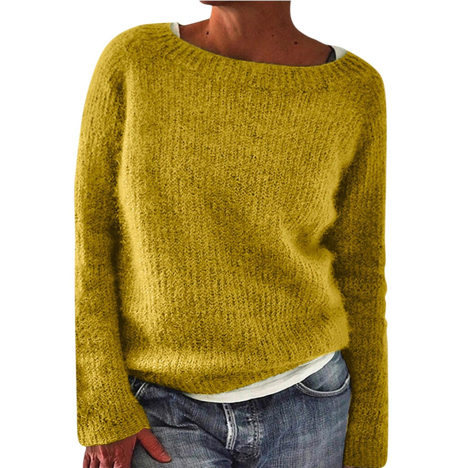 

Женский модный повседневный однотонный круглый вырез пуловер свободный свитер с длинными рукавами топ XL жёлтый