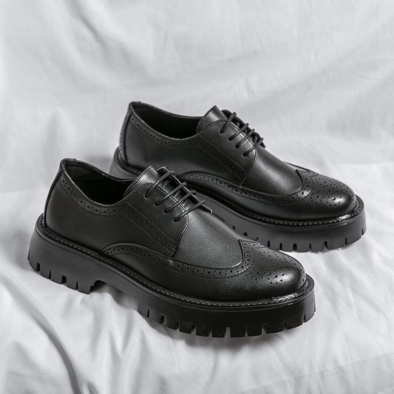 Men's Thick Sole Lace-Up Brogue Leather Shoes - Spring/Autumn Casual Height-Boosting Low-Tops for Teens