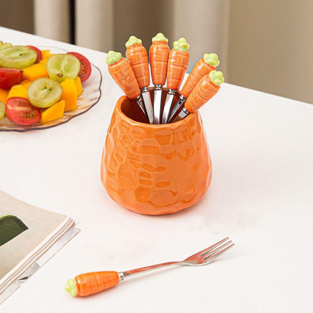 Pineapple Carrot Ceramic Fruit Forks Set Ins Style Household Dessert Forks with Storage Jar Creative Home Decoration