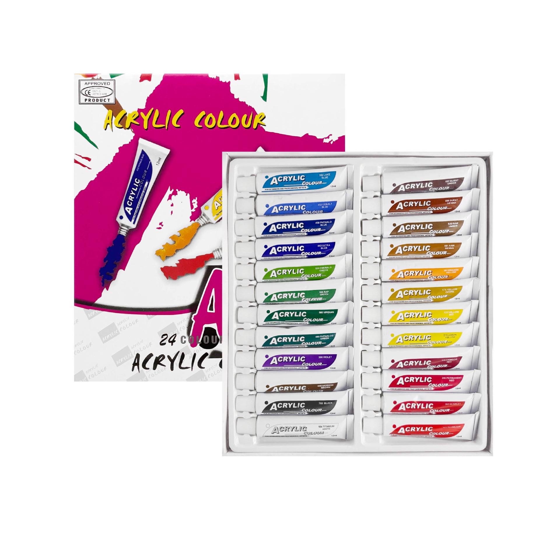 24-Color Acrylic Paint Set, 12ml Aluminum Tubes - Beginner Art Supplies AG-00089