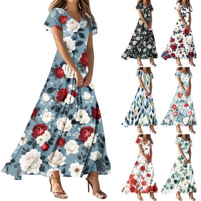 Women's Casual Fashion Print Long Dresses V-Neck Short Sleeve Dresses
