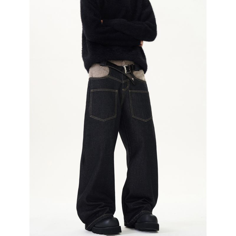 Kisko American Retro Patchwork Reverse-Wear Design Scimitar Jeans Unisex Loose Straight Washed Vibe Pants