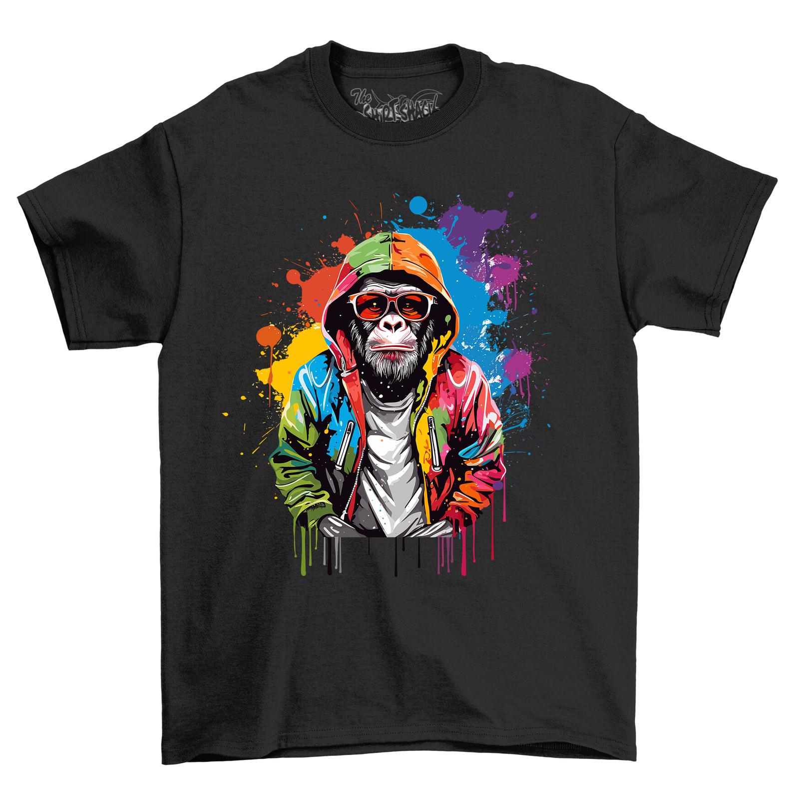 

Motorbike Paint Drip Design T-Shirt Mens Womens Tees Top with a Chimpanzee in a Hoodie - Funny and Wi 3XL