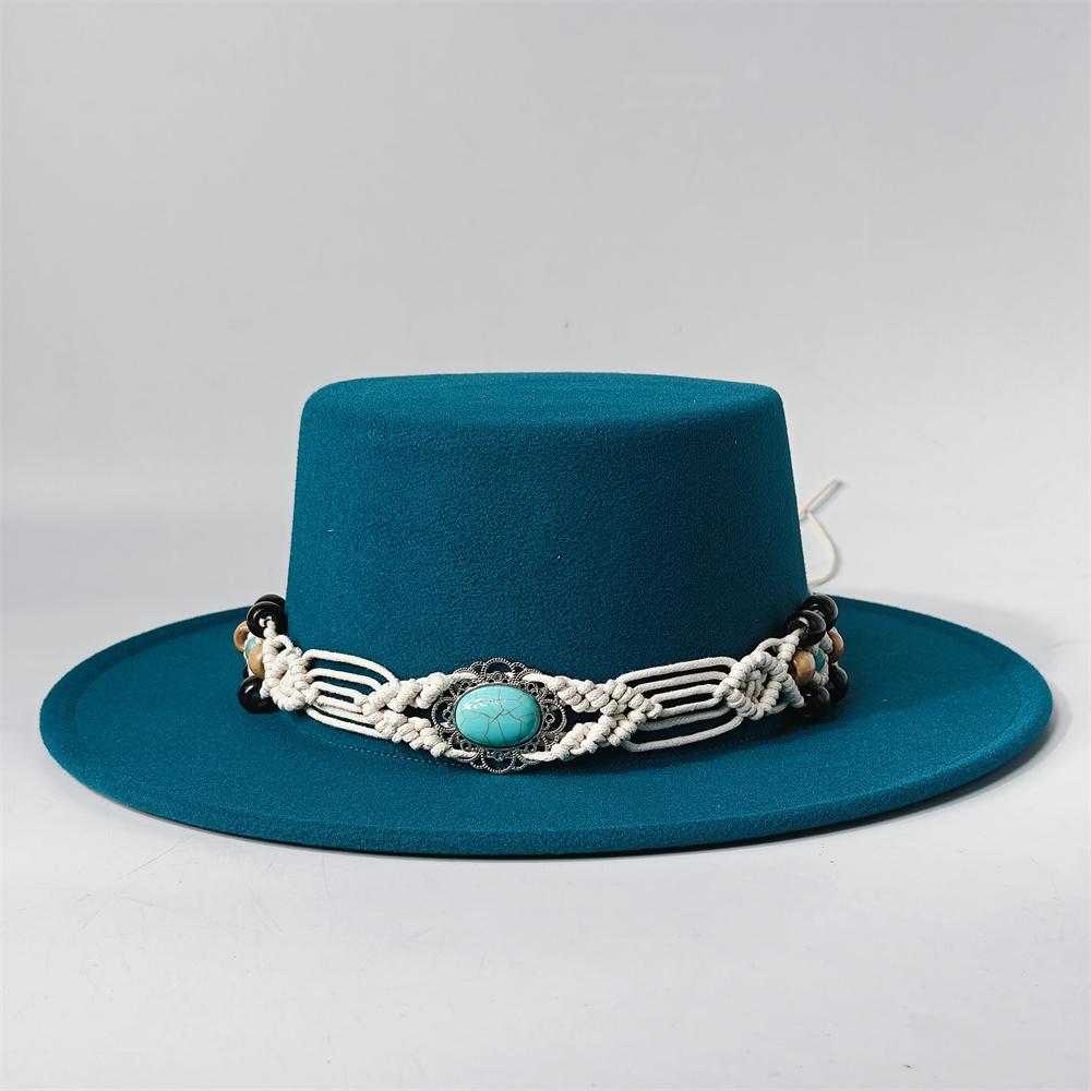 TurquoiseFedora Hat Women Men Autumn Winter Classic Felt Wide Brim Flat Top Jazz Panama Hat Casual Party Church Hat