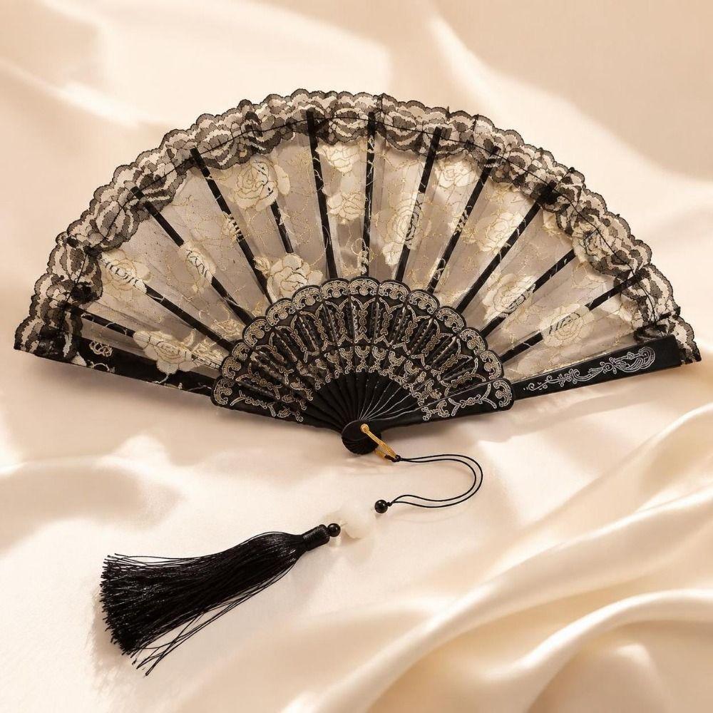 4pcs Black Hand Fan Plastic Frame Rose Lace Fan New Handheld Fan Wedding Dancing Costume Events