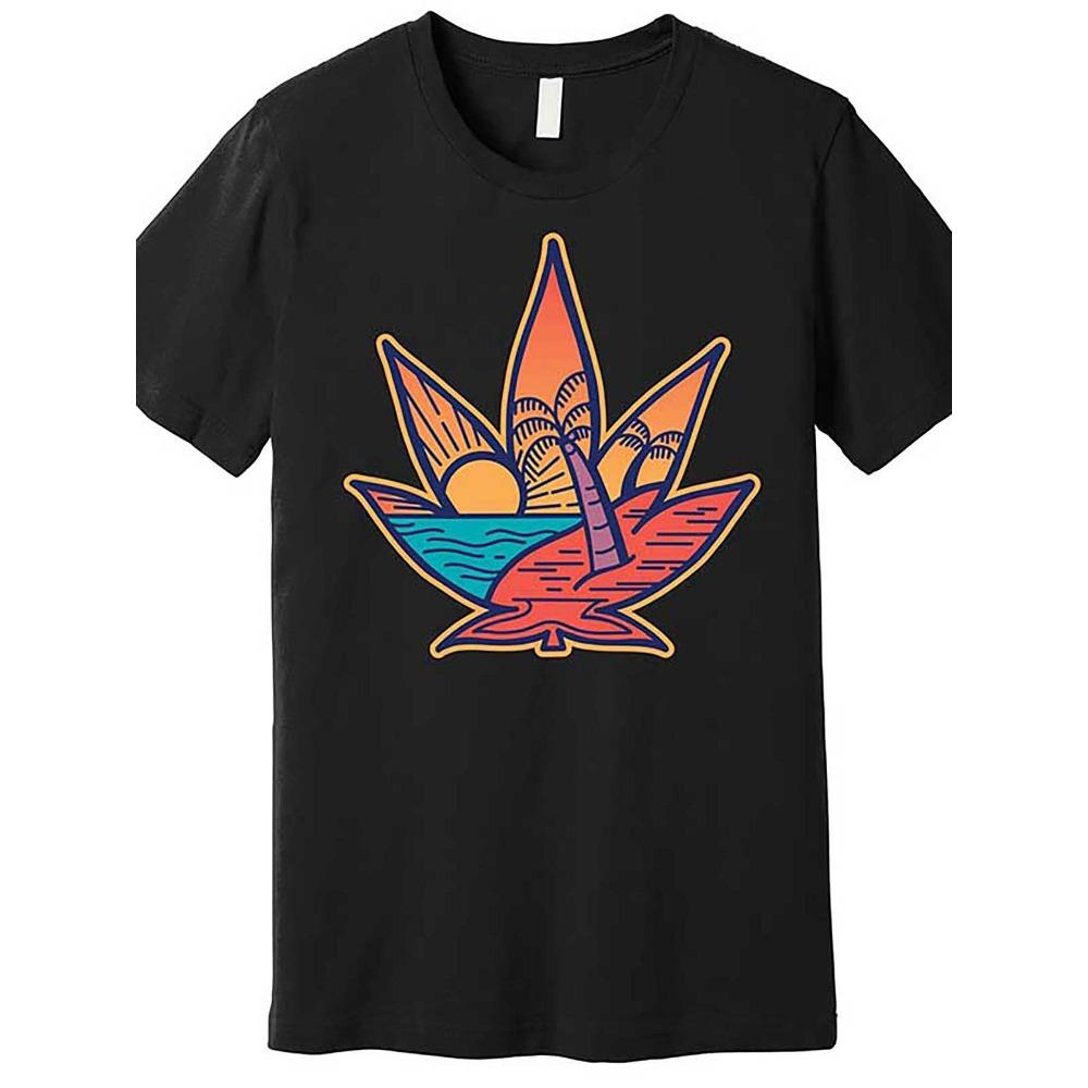 Men s Up the Ante Black Leaf Beach T Shirt Breathable comfortable stylish short-sleeved T-shirt with vivid sunset scenery S