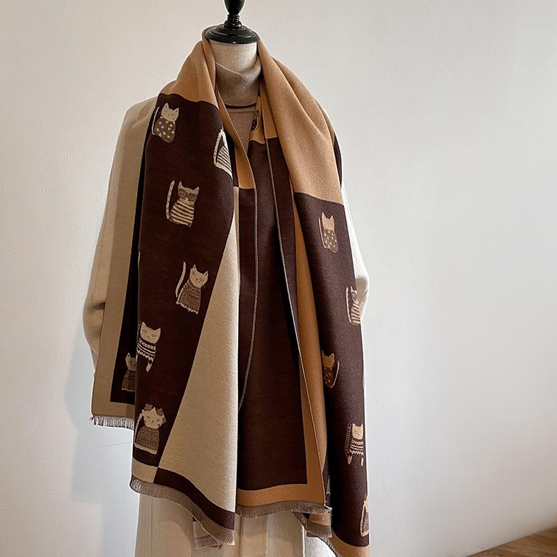 Eleganter Damen-Pashmina mit Tier-Katze, für Herbst und Winter, dick, warm, doppelseitig, mit Quaste, kältebeständig, winddicht, Deckenschal