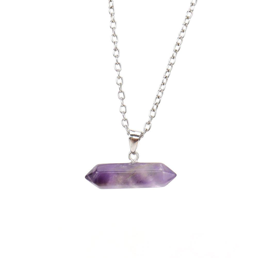 Creative Natural Stone Crystal Amethyst Agate Hexagonal Column Hexagonal Prism Six Pendant Necklace N668