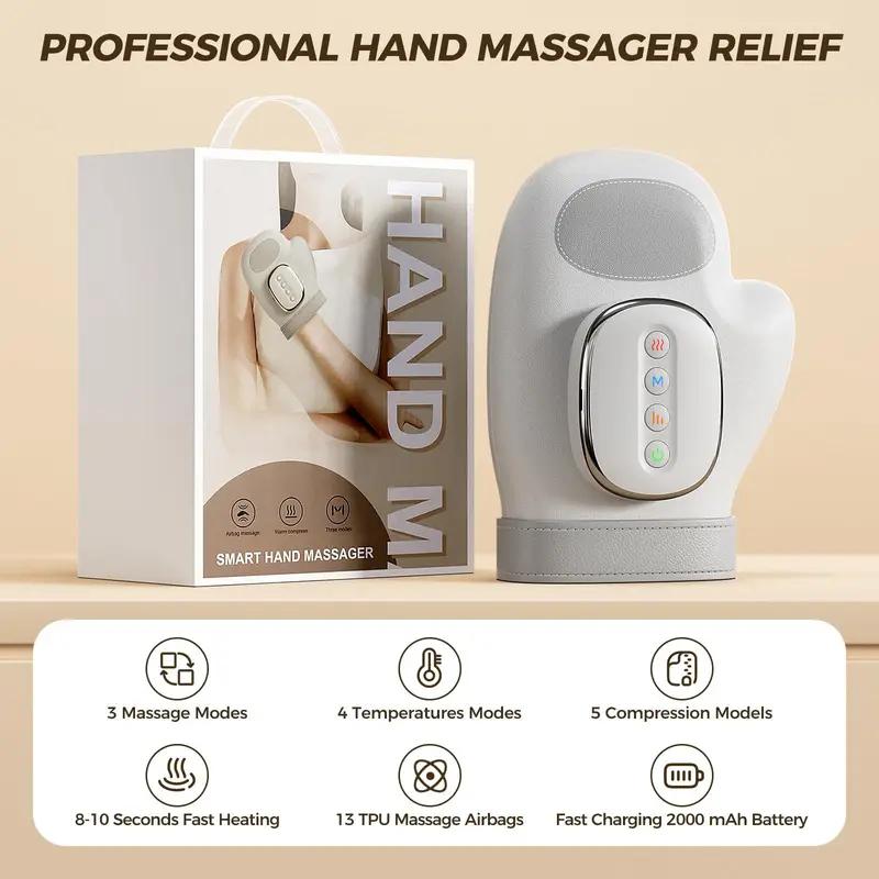 New Electric Hand Massager Gloves with Airbag Compression Vibration Heat Hand Finger Wrist Massager for Carpal Tunnel Relieve Intelligent Heat Therapy