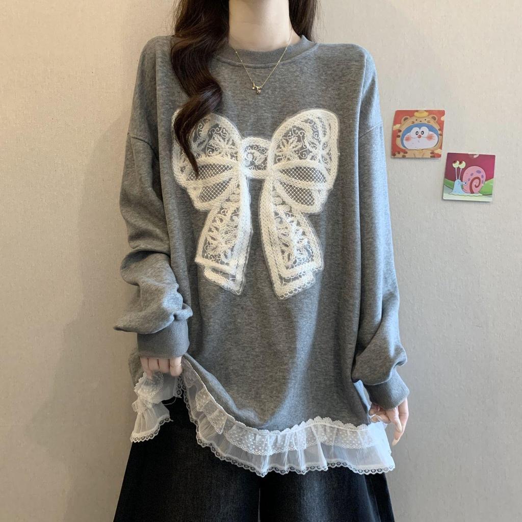 Plus Size Crocheted Lace Round Neck Slimming Long Sleeve Women's Autumn/Winter Bow Loose Mid-Length Top