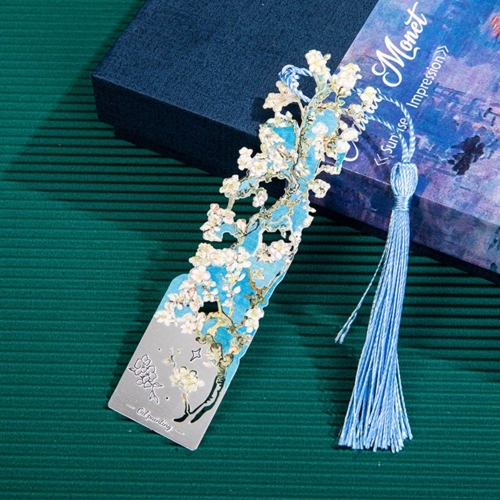 Oil Painting Metal Bookmark Tassel Pendant Floral Painting Bookmark  School Office Supplies