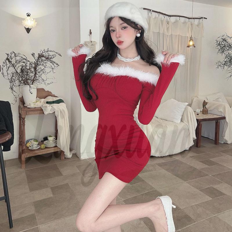 

Festive One-Shoulder Fur Color Block Hip-Wrap Dress - New Year & Christmas Collection S красный