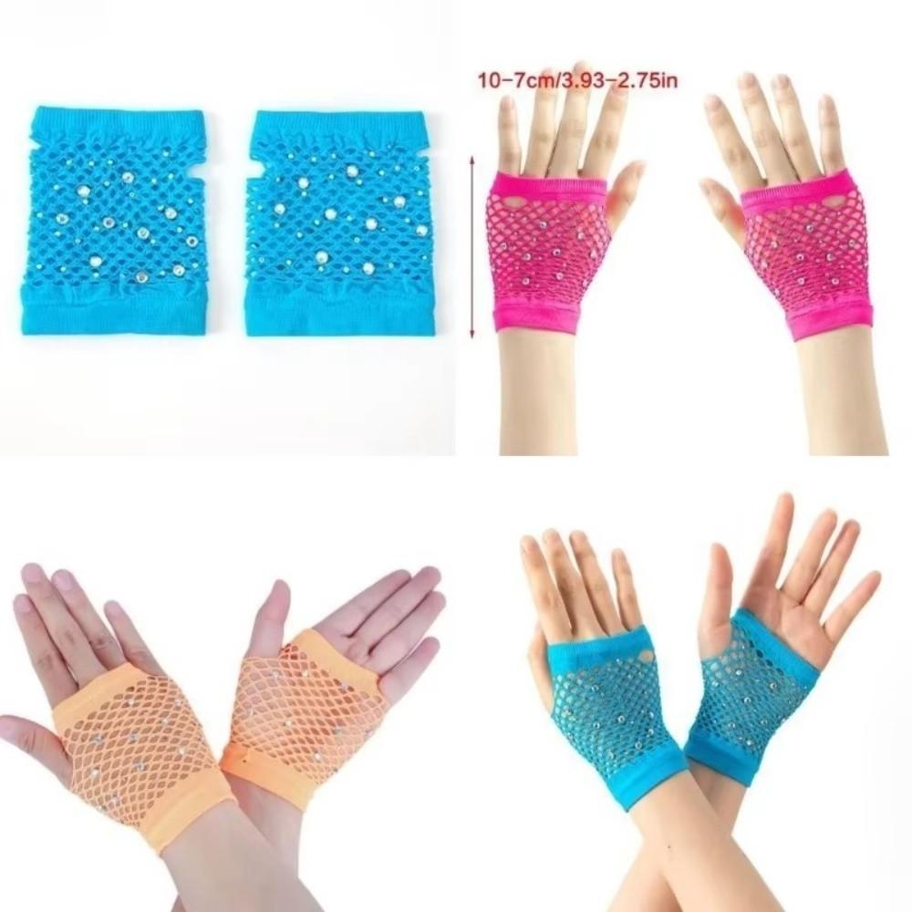 Fishnet Design Rhinestone Gloves Shiny Decor Short Gloves New Fingerless Gloves Dance Performance